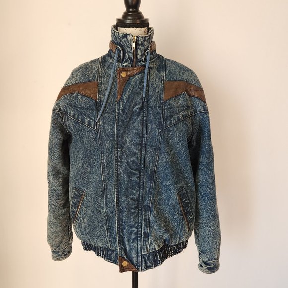 Vintage Eagle's Ridge Acid Denim Faux Leather Trim Bomber Jacket Quilt-Lining - Picture 3 of 12